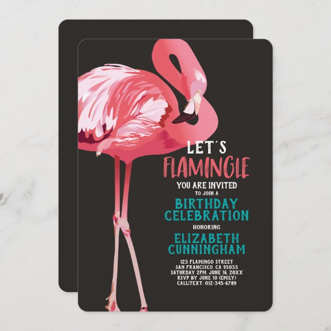 Invitation Beau Flamant rose Tropical Flamingle Anniversaire (Devant / Derrière)