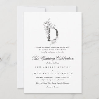 Invitation Beau Floral 'D' Monogramme Mariage esquissé