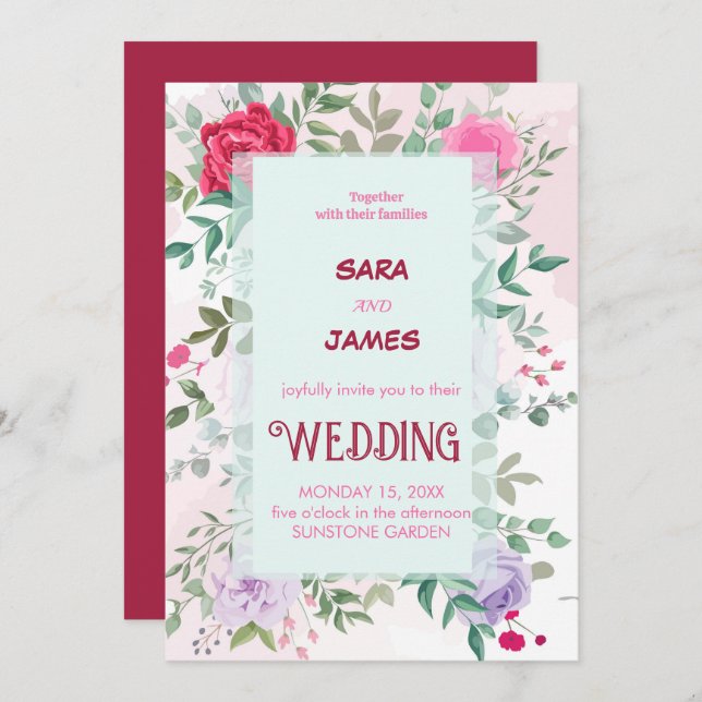 Invitation Beau Floral Et Élégant Mariage Rose Blush (Devant / Derrière)