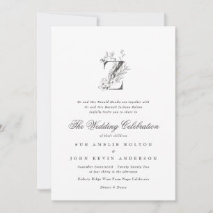 Invitation Beau Floral 'Z' Monogramme Mariage esquissé