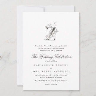 Invitation Beau Floral 'Z' Monogramme Mariage esquissé