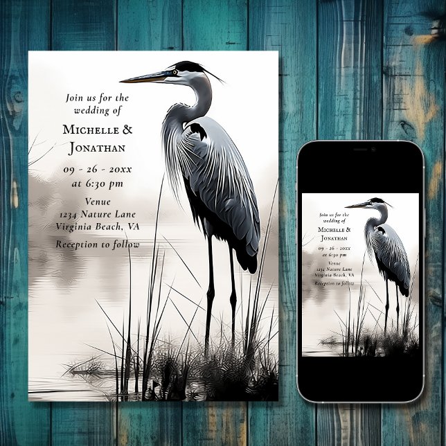 Invitation Beau Grand Héron Bleu Mariage d'oiseaux côtiers (Beautiful Great Blue Heron Water Bird Wedding Invitation)