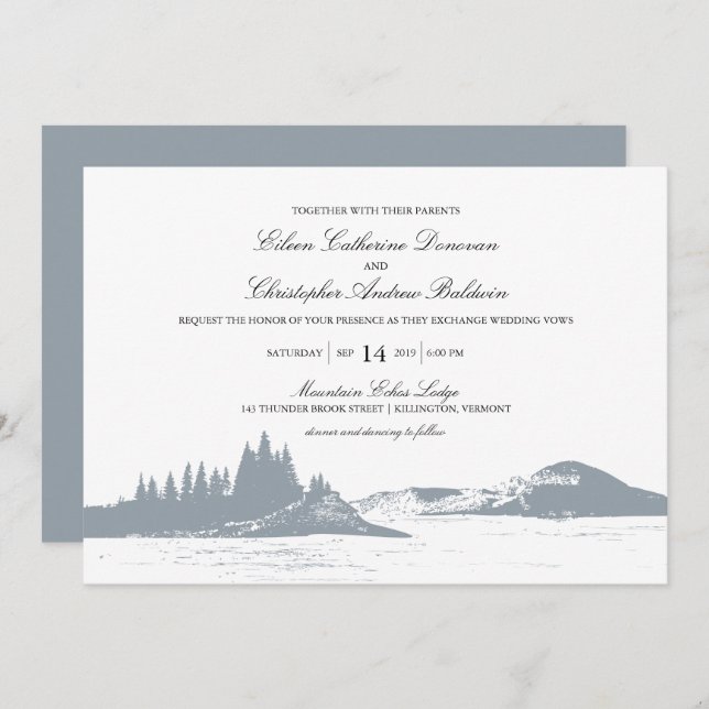 Invitation Beau Gray Mountain Pine Trees Lac | MARIAGE (Devant / Derrière)