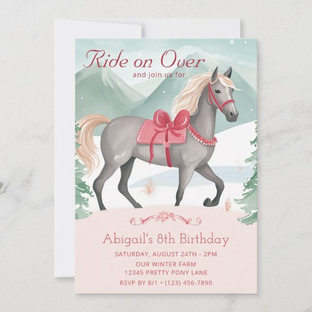 Invitation Beau hiver Woodland Cheval rose Anniversaire (Devant)