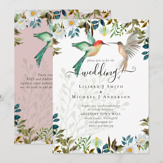 Invitation Beau HUMMINGBIRDS Couple Mariage (Devant / Derrière)