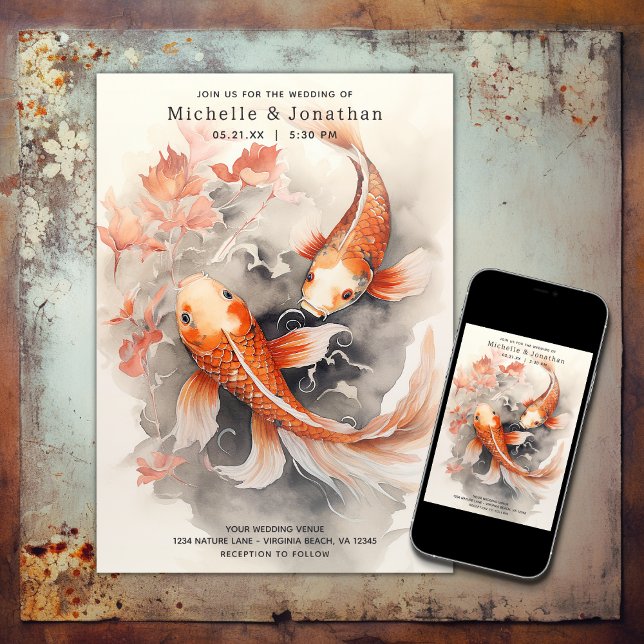 Invitation Beau japonais Koi Poisson orange Beige Mariage (Printed and Digital - Beautiful Japanese Koi Fish Orange Beige Wedding Invitation)