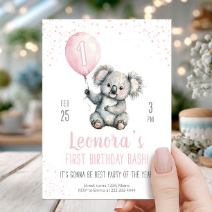 Invitation Beau Koala rose Balloon 1er anniversaire