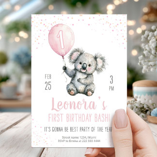 Invitation Beau Koala rose Balloon 1er anniversaire