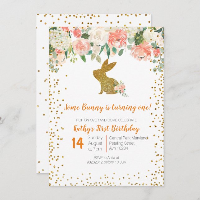 Invitation Beau lapin rose floral 1er anniversaire (Devant / Derrière)