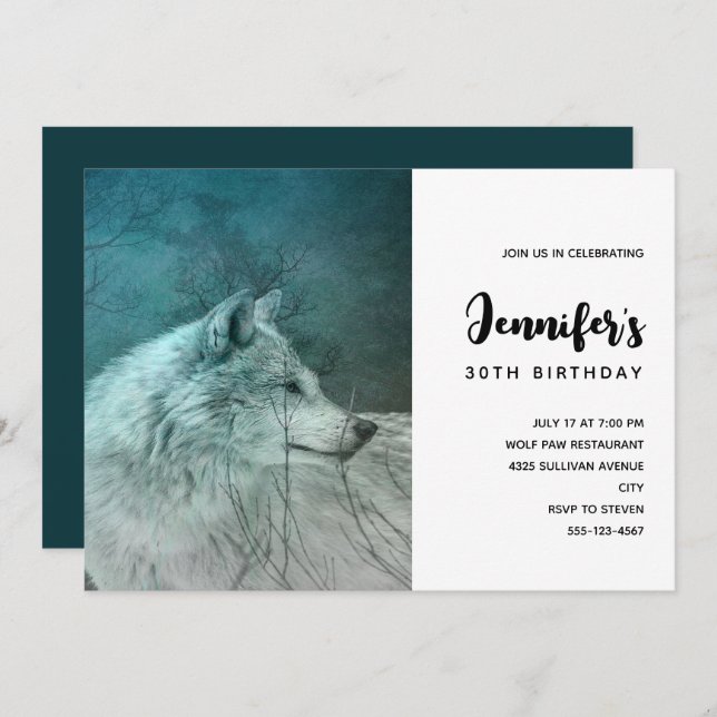 Invitation Beau loup gris dans une forêt foncée Anniversaire (Devant / Derrière)
