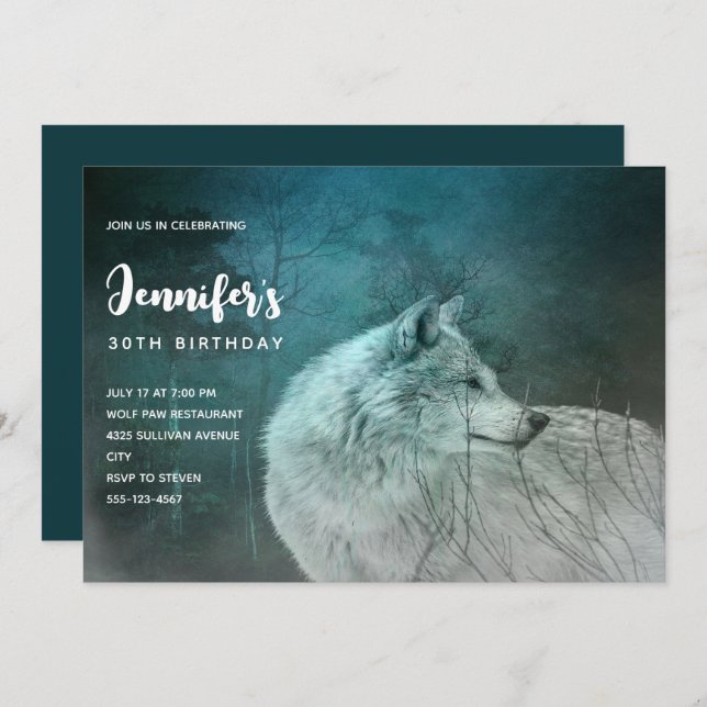 Invitation Beau loup gris dans une forêt foncée Anniversaire (Devant / Derrière)