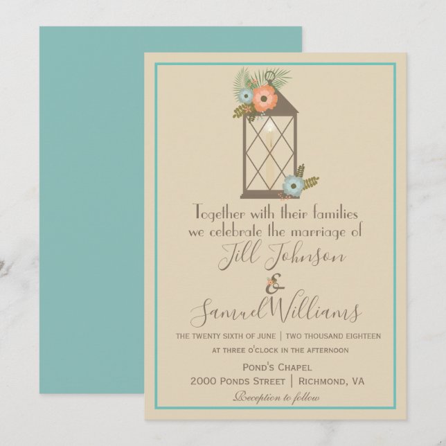 Invitation Beau Mariage à lanterne beige et bleu (Devant / Derrière)