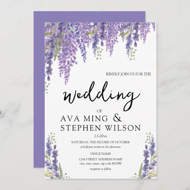 Invitation Beau Mariage d'aquarelle de l'arbre Wisteria (Devant / Derrière)