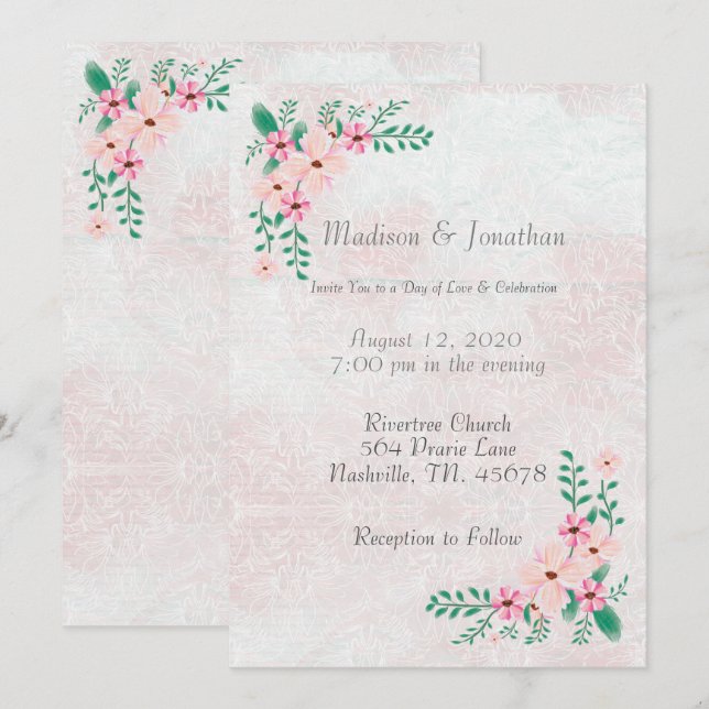Invitation Beau Mariage d'aquarelle rose (Devant / Derrière)