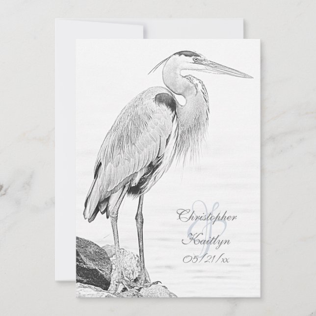 Invitation Beau Mariage de croquis d'oiseaux d'eau de Héron b (Devant)