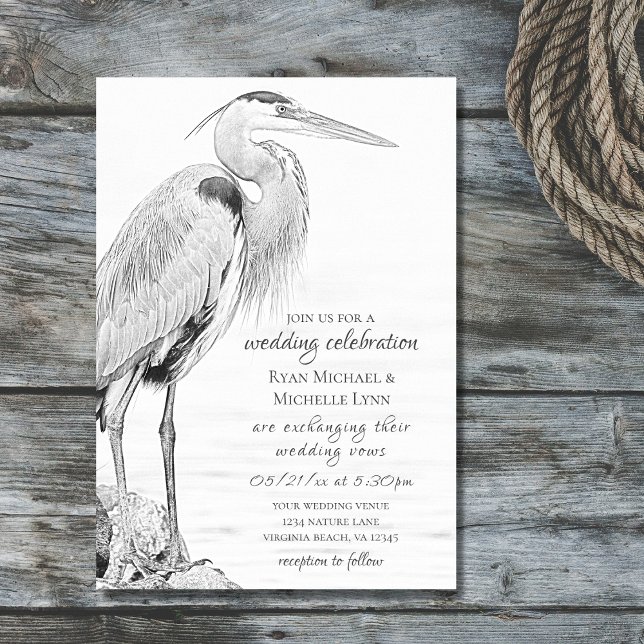 Invitation Beau Mariage de croquis d'oiseaux d'eau de Héron b (Créateur téléchargé)
