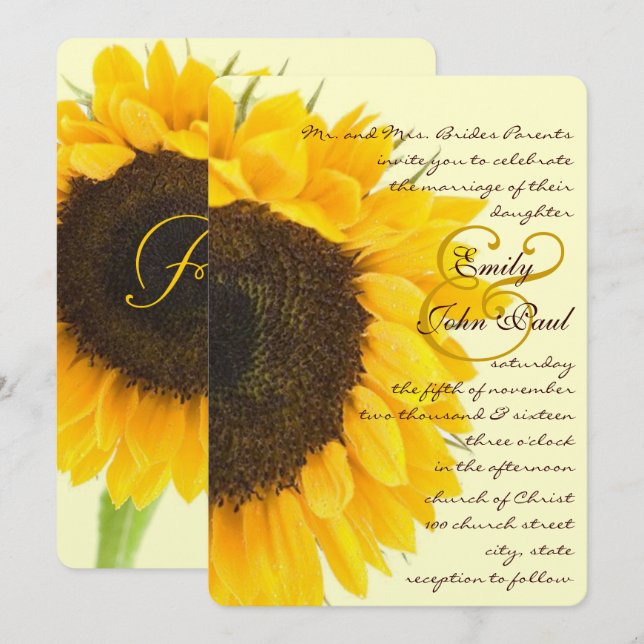 Invitation Beau Mariage de tournesol d'élégance jaune (Devant / Derrière)