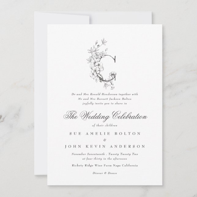 Invitation Beau Mariage floral 'C' Monogramme (Devant)