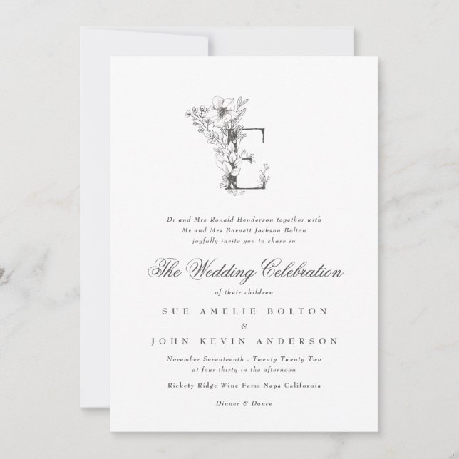 Invitation Beau Mariage floral 'E' Monogramme (Devant)