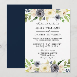 Invitation Beau Mariage Floral Marine & Champagne Blanc