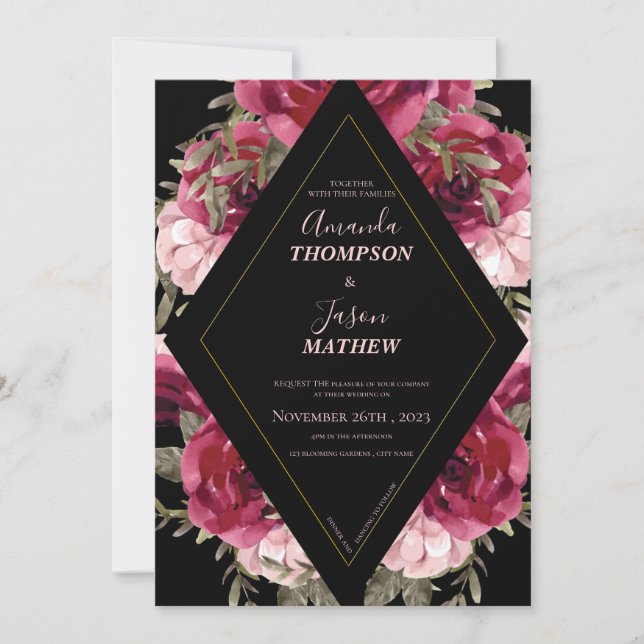 Invitation Beau Mariage floral noir Bourgogne rose (Devant)
