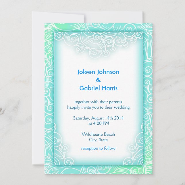 Invitation Beau Mariage Seafoam Aqua Mint et White Beach (Devant)