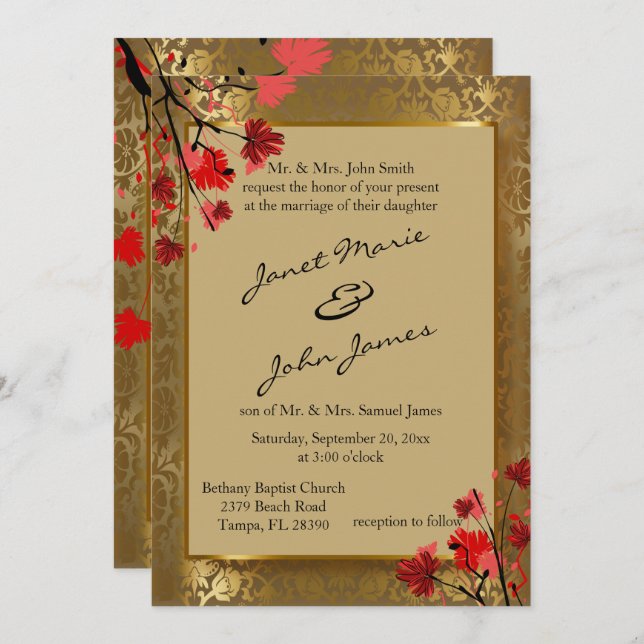 Invitation Beau Mariage Vintage Gold Damask & Art Deco (Devant / Derrière)