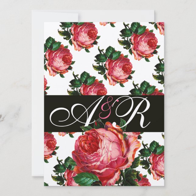 INVITATION BEAU MONOGRAMME FLORAL ROSE ROSE PÂLE (Devant)