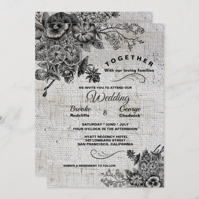 Invitation Beau noir & gris Mariage de fleurs artistiques (Devant / Derrière)