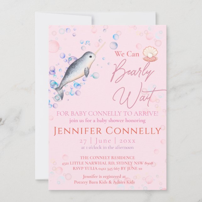 Invitation Beau océan Narwhal coquillages bulles Baby shower (Devant)