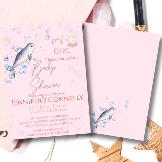 Invitation Beau océan Narwhal coquillages bulles Baby shower (Créateur téléchargé)