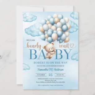 Invitation Beau ours en peluche avec ballons bleu et ivoire