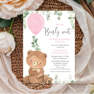 Invitation Beau ours rose ballon vert verdure fille baby show