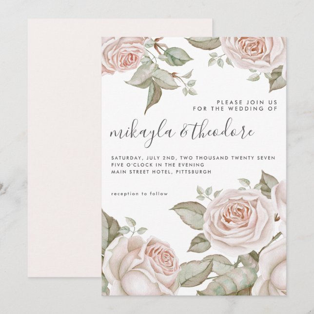 Invitation Beau Peach Blush Roses d'aquarelle (Devant / Derrière)