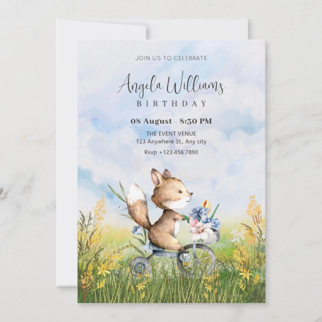 Invitation Beau renard à vélo à l'anniversaire (Devant)