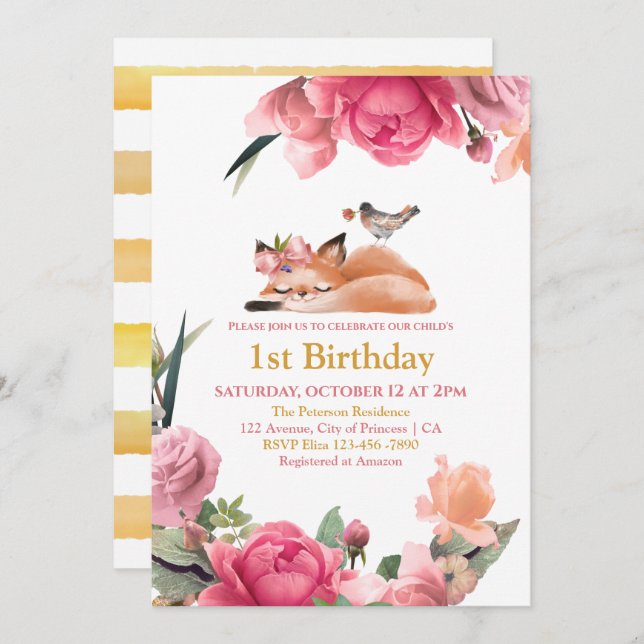Invitation Beau renard doré et fleurs 1er anniversaire (Devant / Derrière)
