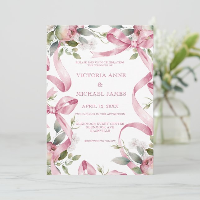 Invitation Beau Ribbons Roses & Mariage Floral. (Debout devant)