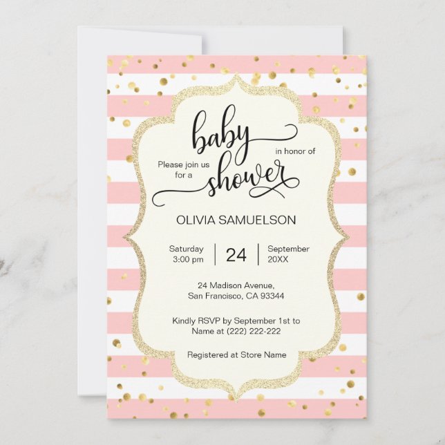 Invitation Beau rose Blancs Or Baby shower Noir (Devant)