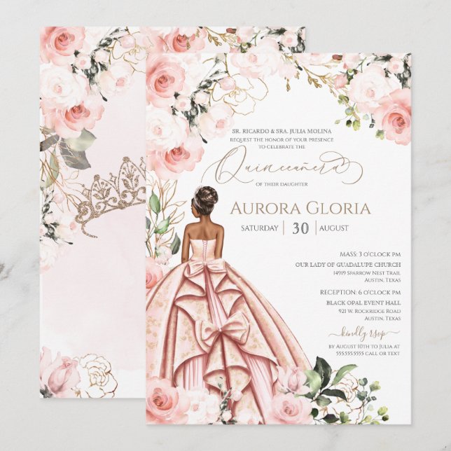 Invitation Beau Rose Blush Joli Gown Rose Quinceanos (Devant / Derrière)