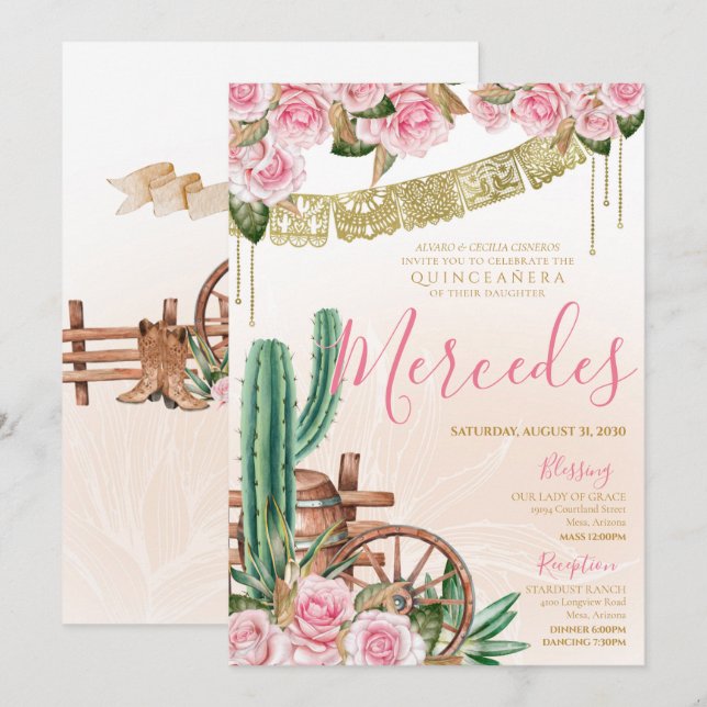 Invitation Beau Rose Cactus Western Charro Quinceanera (Devant / Derrière)