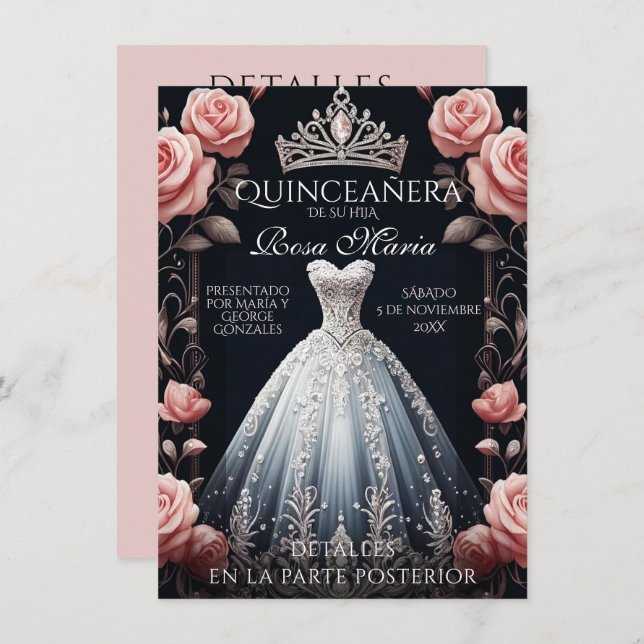 Invitation Beau Rose espagnol Quinceañera (Devant / Derrière)