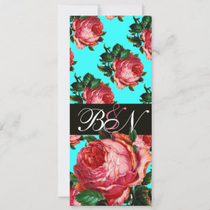 INVITATION BEAU ROSE ROSE ROSE AQUA BLEU TURQUOISE MONOGRAMME