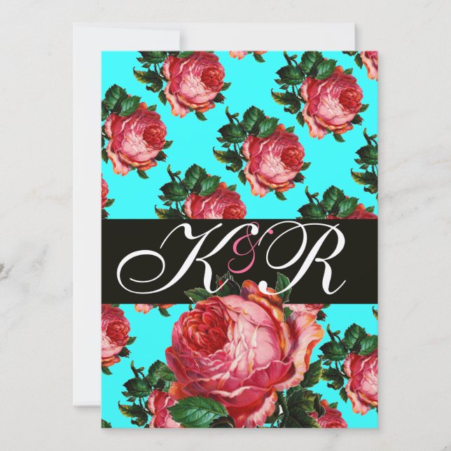 INVITATION BEAU ROSE ROSE ROSE AQUA BLEU TURQUOISE MONOGRAMME (Devant)