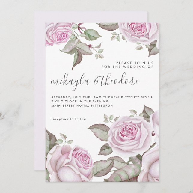 Invitation Beau Roses d'aquarelle violet doux (Devant / Derrière)