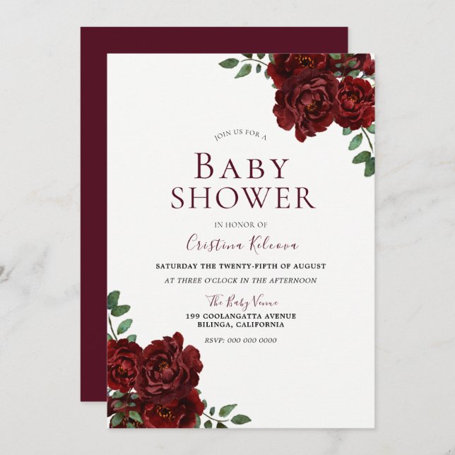 Invitation Beau Roses Rouges Baby shower romantique (Devant / Derrière)