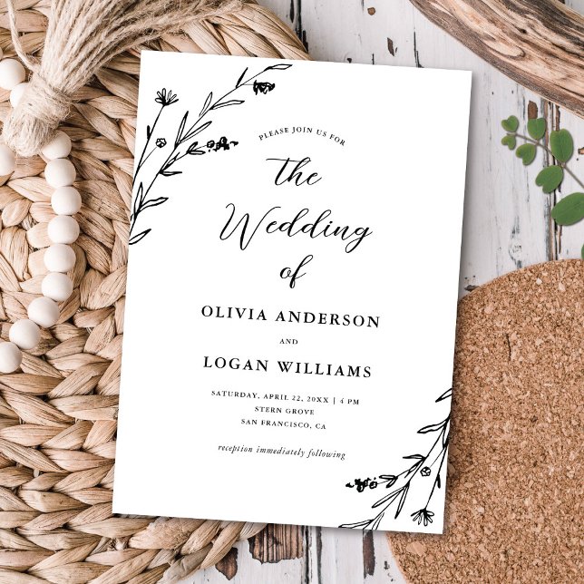 Invitation Beau Rustique Fleur sauvage noir blanc Mariage Boh (Créateur téléchargé)