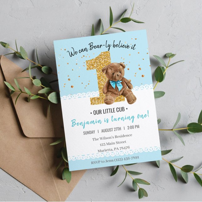 Invitation Beau Teddy Bear Vintage 1er anniversaire (Créateur téléchargé)