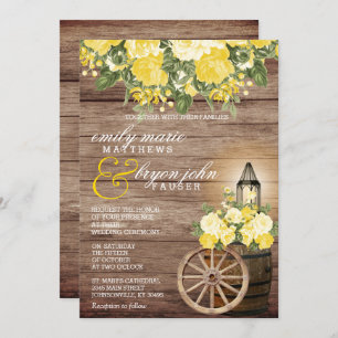 Invitation Beau tonneau en bois Patiné et fleurs jaunes