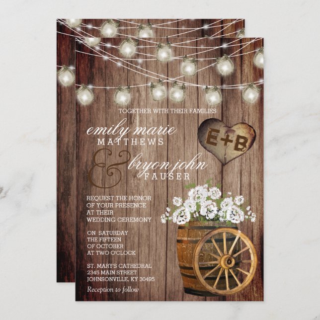 Invitation Beau tonneau en bois rustique et fleurs blanches  (Devant / Derrière)