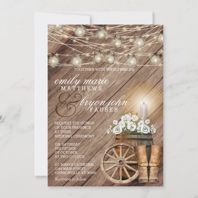 Invitation Beau tonneau en bois rustique et floral blanc (Devant)
